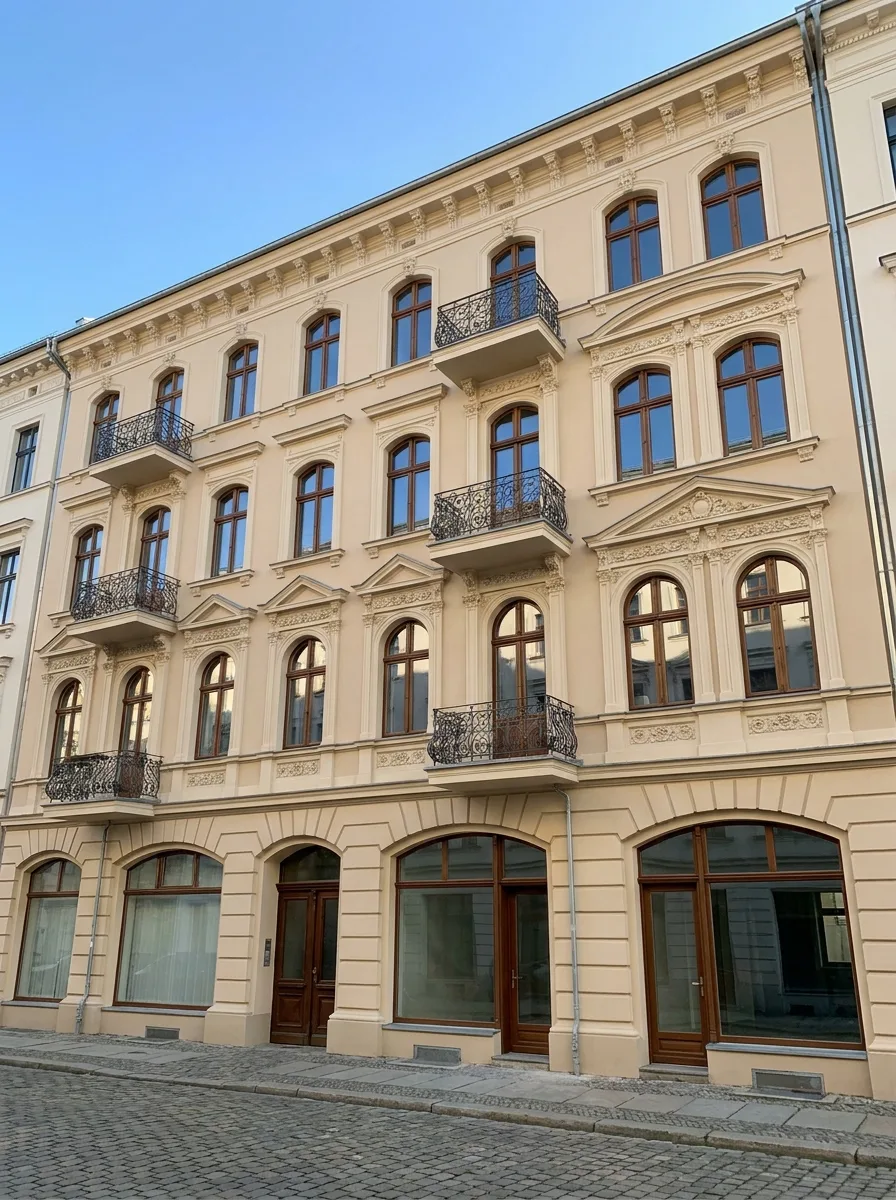 Klassische Altbau-Fassade mit Stuck und Balkonen im warmen Tageslicht