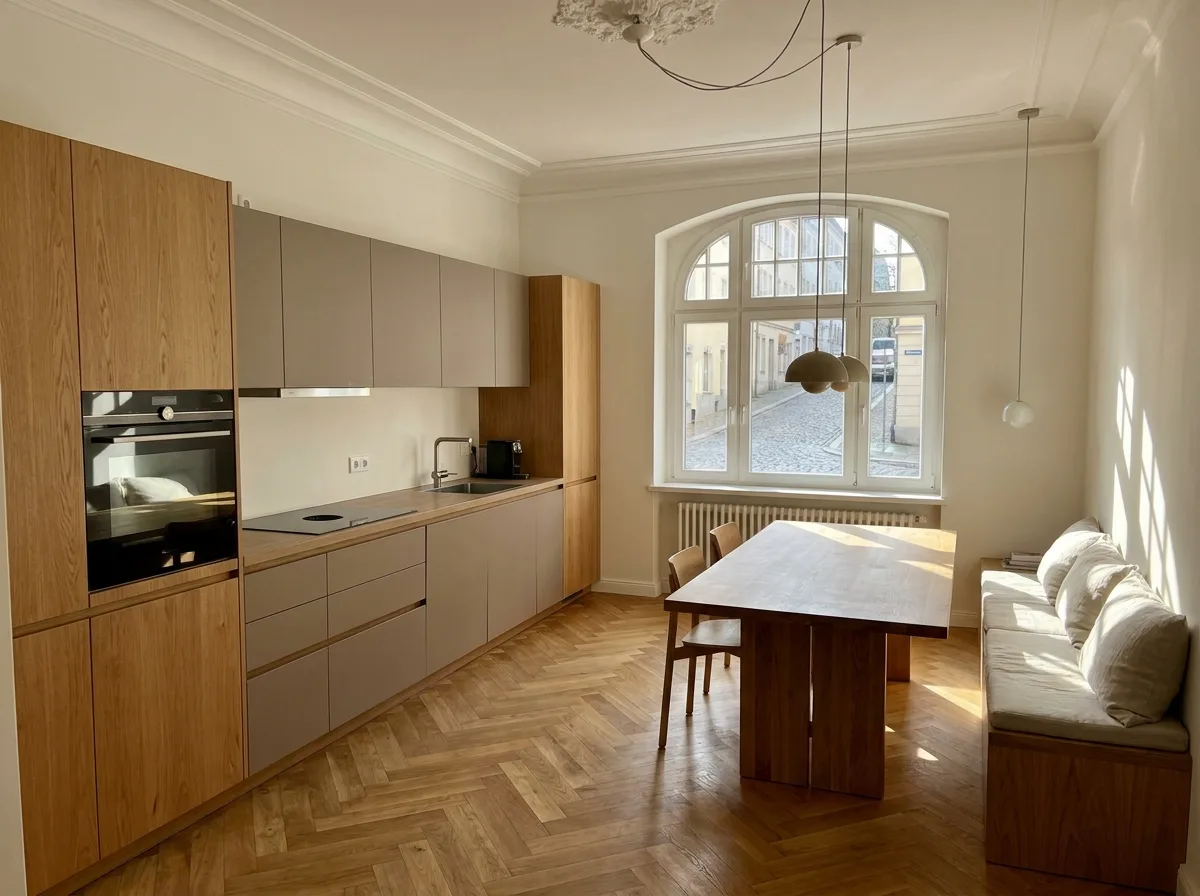 Helle Wohnküche mit Holzboden und großem Fenster