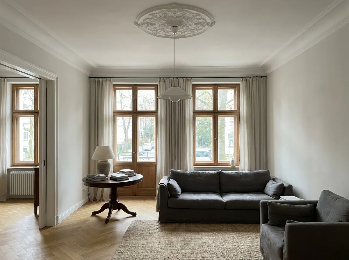 Wohnzimmer mit Stuckdecke, Flügeltür und Tageslicht