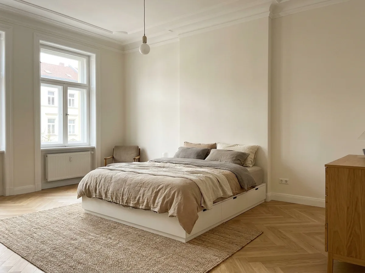 Saniertes Schlafzimmer im Altbau mit hohen Decken