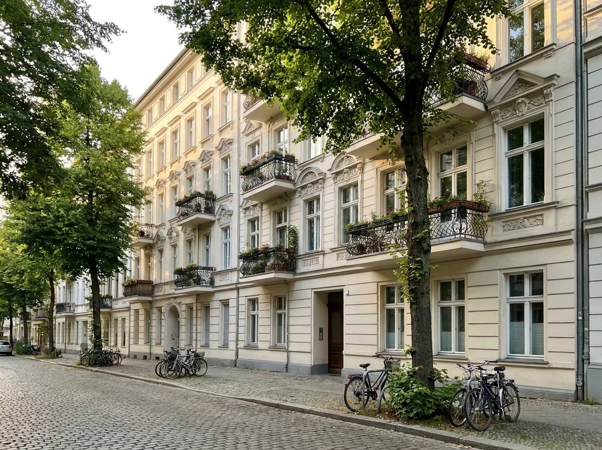 Begrünte Wohnstraße mit gepflegten Altbauten