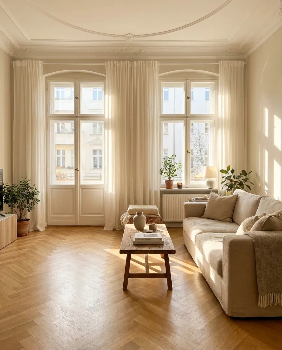 Sonnendurchflutetes Wohnzimmer einer sanierten Altbauwohnung mit Parkett und hohen Fenstern